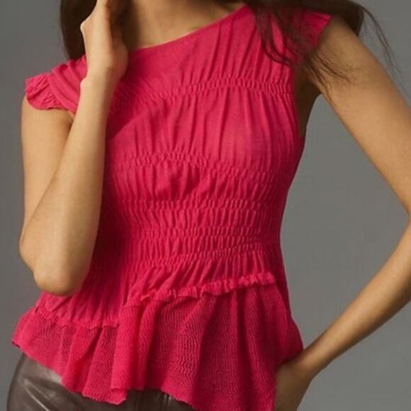 By Anthropologie Sheer Smocked Ruffled Asymmetrical Hot Pink Sweater Tank Small - Picture 8 of 9